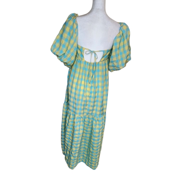 Zara Puff Sleeve Tie Back Midi Maxi Dress Blue and Yellow Checked Size Small - Picture 3 of 9